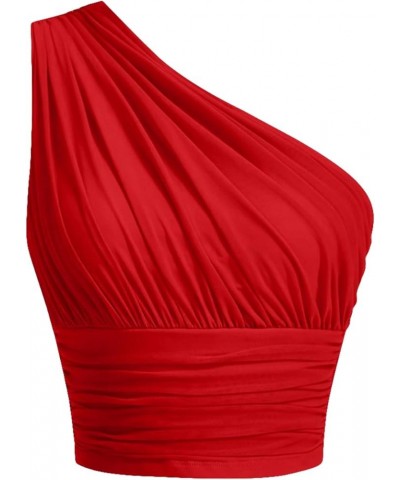 Women's One Shoulder Ruched Crop Top Sleeveless Fitted Summer Tank Tops Solid Red $13.25 Tanks