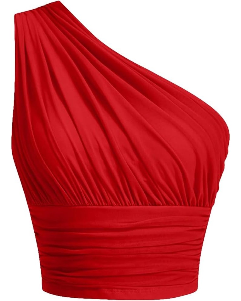 Women's One Shoulder Ruched Crop Top Sleeveless Fitted Summer Tank Tops Solid Red $13.25 Tanks