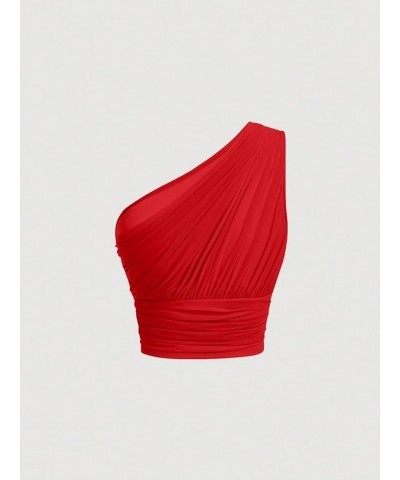 Women's One Shoulder Ruched Crop Top Sleeveless Fitted Summer Tank Tops Solid Red $13.25 Tanks