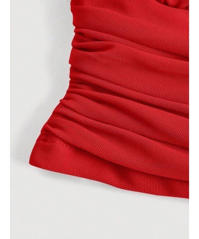 Women's One Shoulder Ruched Crop Top Sleeveless Fitted Summer Tank Tops Solid Red $13.25 Tanks