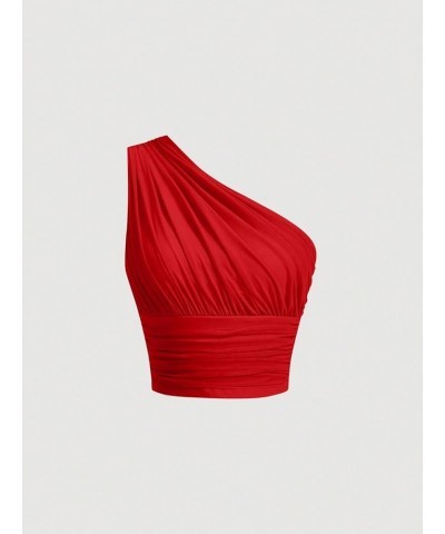 Women's One Shoulder Ruched Crop Top Sleeveless Fitted Summer Tank Tops Solid Red $13.25 Tanks