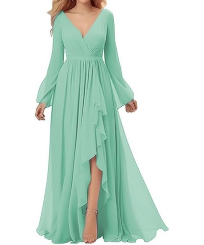 Long-Sleeves Bridesmaid Dresses - for Women Chiffon Pleated Formal Dress Long with Slit Eucalyptus $25.30 Dresses