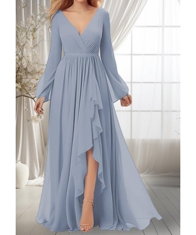 Long-Sleeves Bridesmaid Dresses - for Women Chiffon Pleated Formal Dress Long with Slit Eucalyptus $25.30 Dresses