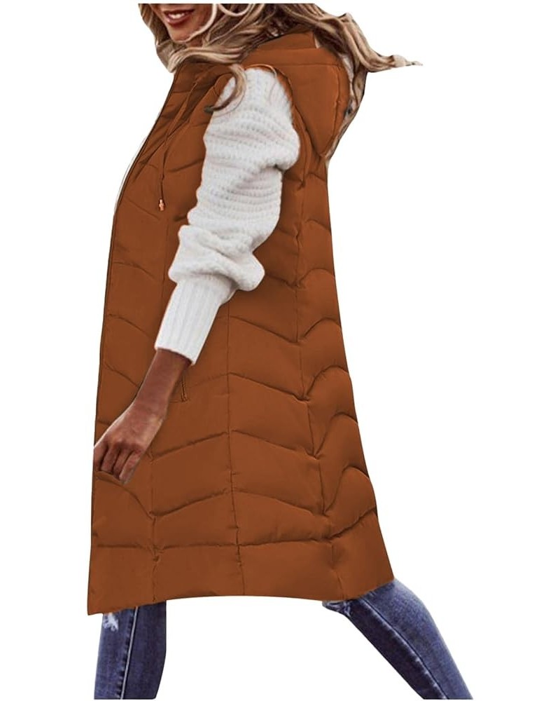 Womens Long Puffer Vest Hooded Quilted Sleeveless Long Down Coats Zip Casual Jackets Winter Warm Soild Loose Outwear C-brown ...