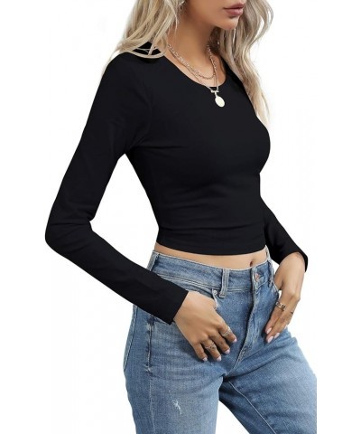 Women's Long Sleeve Crewneck Crop Top Sexy Slim Fitted Cotton T Shirt Black/Crewneck $13.19 T-Shirts