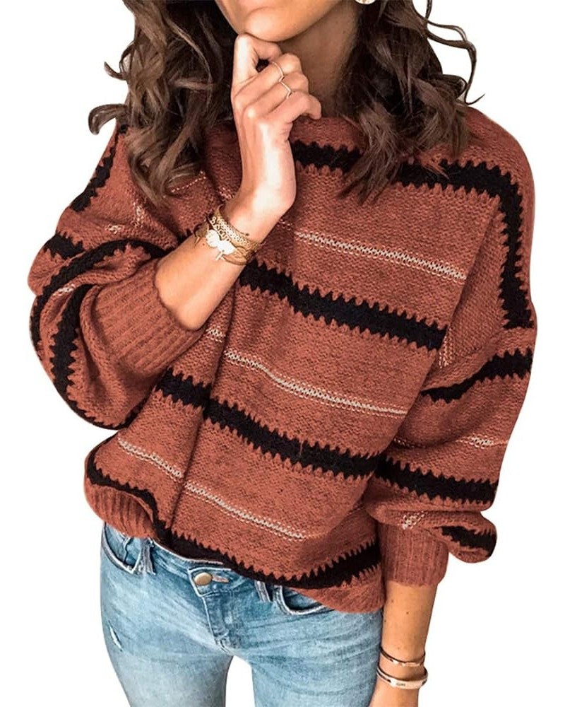 Women's Fashion Long Sleeve Striped Color Block Knitted Sweater Crew Neck Loose Pullover Jumper Tops Narrow Striped Brick Red...