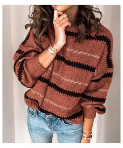 Women's Fashion Long Sleeve Striped Color Block Knitted Sweater Crew Neck Loose Pullover Jumper Tops Narrow Striped Brick Red...