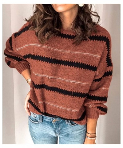 Women's Fashion Long Sleeve Striped Color Block Knitted Sweater Crew Neck Loose Pullover Jumper Tops Narrow Striped Brick Red...