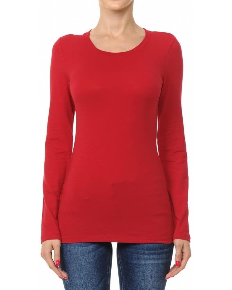 Women's Basic Long Sleeve Crewneck T-Shirt Basic Cotton Tee Top Deep Red $11.01 Tops