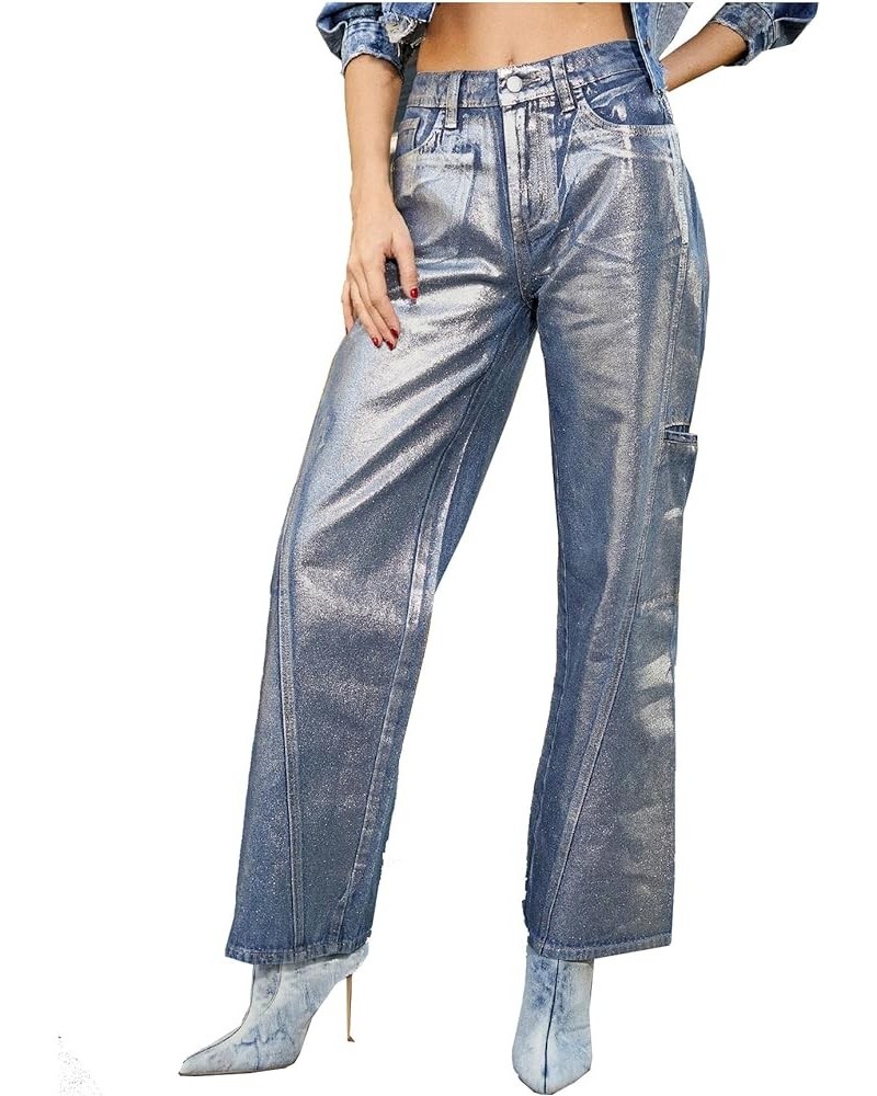 Womens Metallic Cargo Shiny Jeans High Waisted Wide Leg Baggy Jean for Women Denim Pants Blue C $20.13 Jeans