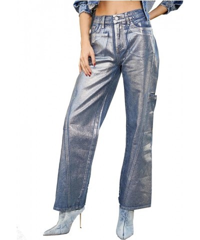 Womens Metallic Cargo Shiny Jeans High Waisted Wide Leg Baggy Jean for Women Denim Pants Blue C $20.13 Jeans