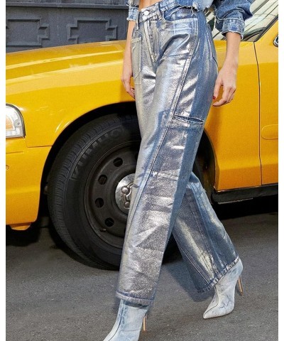 Womens Metallic Cargo Shiny Jeans High Waisted Wide Leg Baggy Jean for Women Denim Pants Blue C $20.13 Jeans