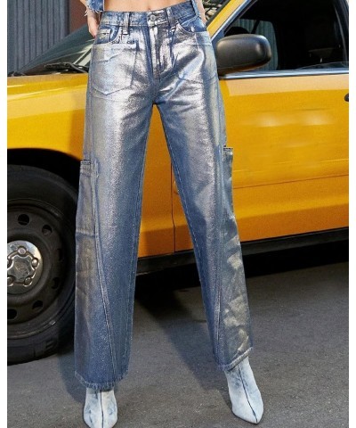 Womens Metallic Cargo Shiny Jeans High Waisted Wide Leg Baggy Jean for Women Denim Pants Blue C $20.13 Jeans