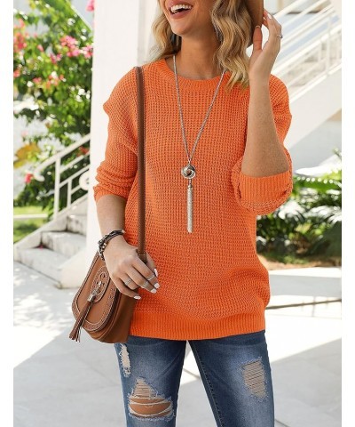 Women's 2024 Long Sleeve Waffle Knit Sweater Crew Neck Solid Color Pullover Jumper Tops Orange $21.31 Sweaters