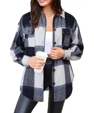 Women's Casual Plaid Flannel Shacket Jacket Oversized Long Sleeve Button Down Shirts Jacket Lapel Coats Tops Blue Plaid $15.4...