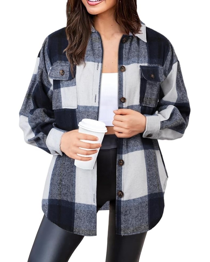 Women's Casual Plaid Flannel Shacket Jacket Oversized Long Sleeve Button Down Shirts Jacket Lapel Coats Tops Blue Plaid $15.4...