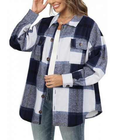 Women's Casual Plaid Flannel Shacket Jacket Oversized Long Sleeve Button Down Shirts Jacket Lapel Coats Tops Blue Plaid $15.4...