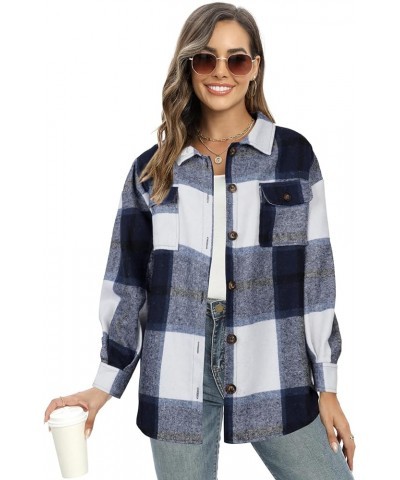 Women's Casual Plaid Flannel Shacket Jacket Oversized Long Sleeve Button Down Shirts Jacket Lapel Coats Tops Blue Plaid $15.4...