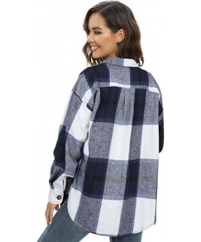 Women's Casual Plaid Flannel Shacket Jacket Oversized Long Sleeve Button Down Shirts Jacket Lapel Coats Tops Blue Plaid $15.4...