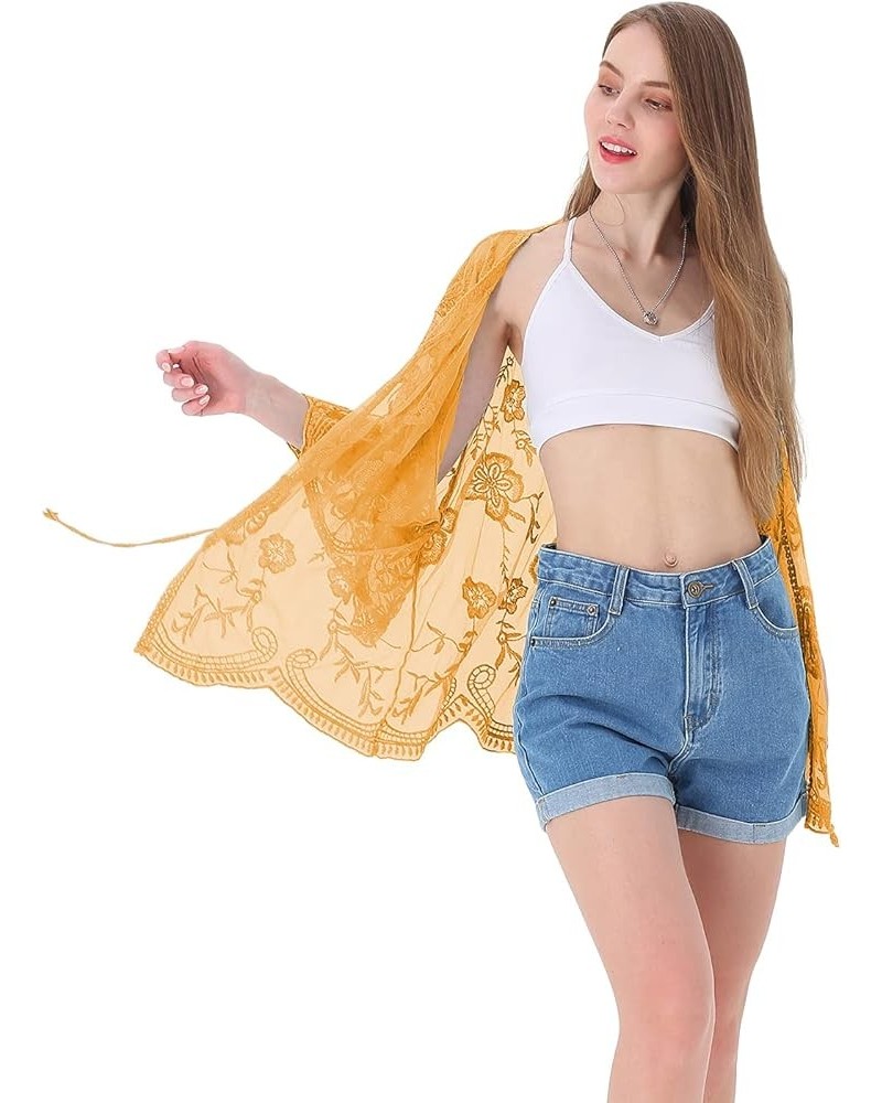 Womens Short Embroidered Lace Kimono Crop Cardigan with Half Sleeves Mustard Yellow $20.58 Sweaters