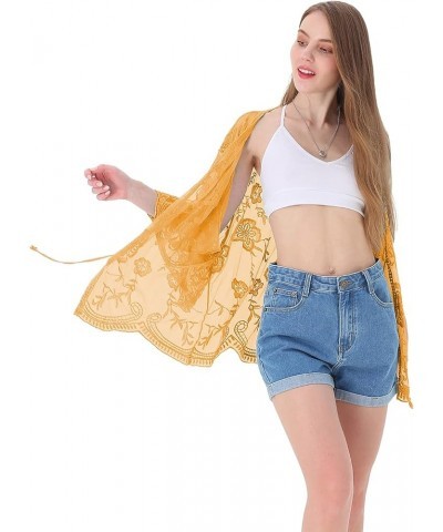 Womens Short Embroidered Lace Kimono Crop Cardigan with Half Sleeves Mustard Yellow $20.58 Sweaters