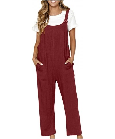 Women Adjustable Straps Jumpsuits Casual Loose Cotton Line Bib Overalls Wide Leg Plus Size Baggy Romper with Pockets Wine $8....