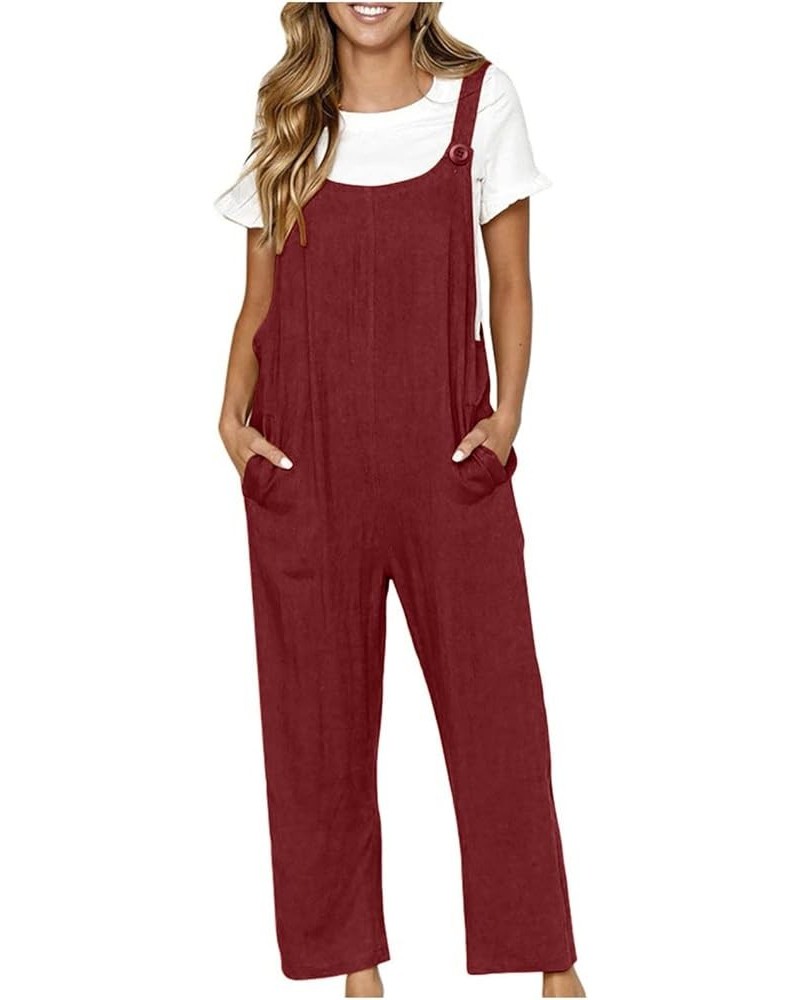 Women Adjustable Straps Jumpsuits Casual Loose Cotton Line Bib Overalls Wide Leg Plus Size Baggy Romper with Pockets Wine $8....