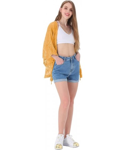 Womens Short Embroidered Lace Kimono Crop Cardigan with Half Sleeves Mustard Yellow $20.58 Sweaters