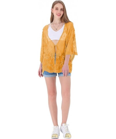 Womens Short Embroidered Lace Kimono Crop Cardigan with Half Sleeves Mustard Yellow $20.58 Sweaters