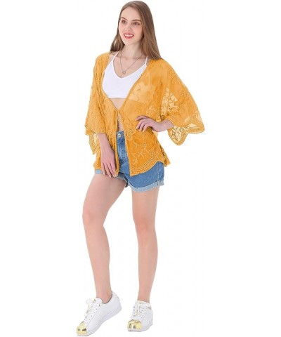 Womens Short Embroidered Lace Kimono Crop Cardigan with Half Sleeves Mustard Yellow $20.58 Sweaters