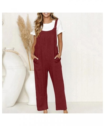 Women Adjustable Straps Jumpsuits Casual Loose Cotton Line Bib Overalls Wide Leg Plus Size Baggy Romper with Pockets Wine $8....