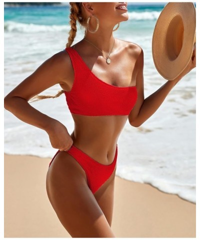 Women's Ribbed Bikini Sets One Shoulder Top with Mid Waist Two Piece Bathing Suit Red $17.67 Swimsuits