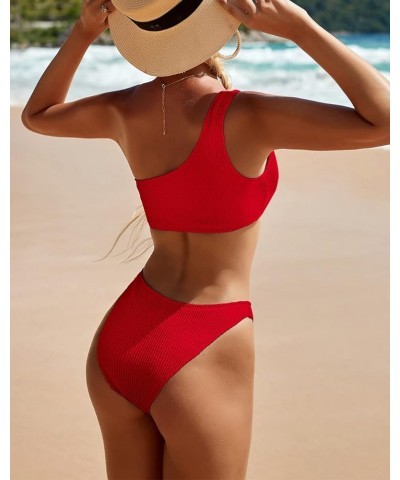 Women's Ribbed Bikini Sets One Shoulder Top with Mid Waist Two Piece Bathing Suit Red $17.67 Swimsuits