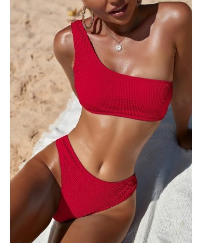 Women's Ribbed Bikini Sets One Shoulder Top with Mid Waist Two Piece Bathing Suit Red $17.67 Swimsuits