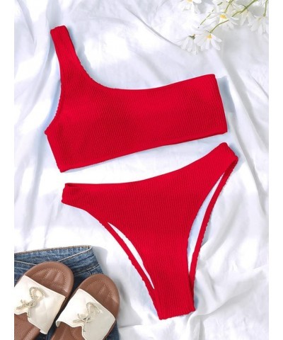 Women's Ribbed Bikini Sets One Shoulder Top with Mid Waist Two Piece Bathing Suit Red $17.67 Swimsuits