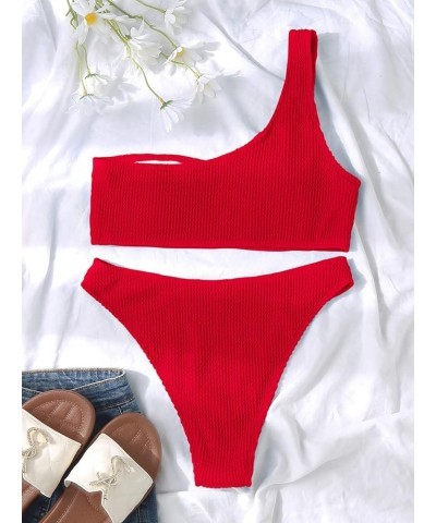 Women's Ribbed Bikini Sets One Shoulder Top with Mid Waist Two Piece Bathing Suit Red $17.67 Swimsuits