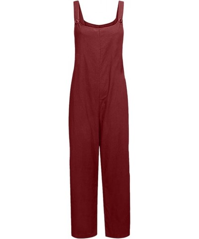 Women Adjustable Straps Jumpsuits Casual Loose Cotton Line Bib Overalls Wide Leg Plus Size Baggy Romper with Pockets Wine $8....