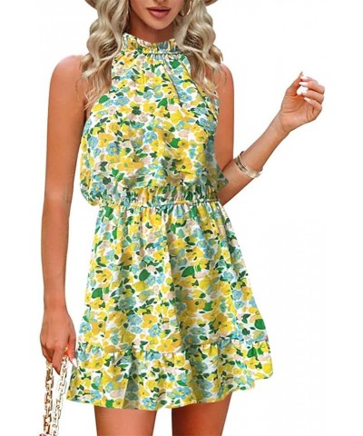 Summer Dress for Women Casual Floral Sun Dress Sleeveless Halter Neck Dress Swing Pleated Party Beach Dresses Chartreuse $18....