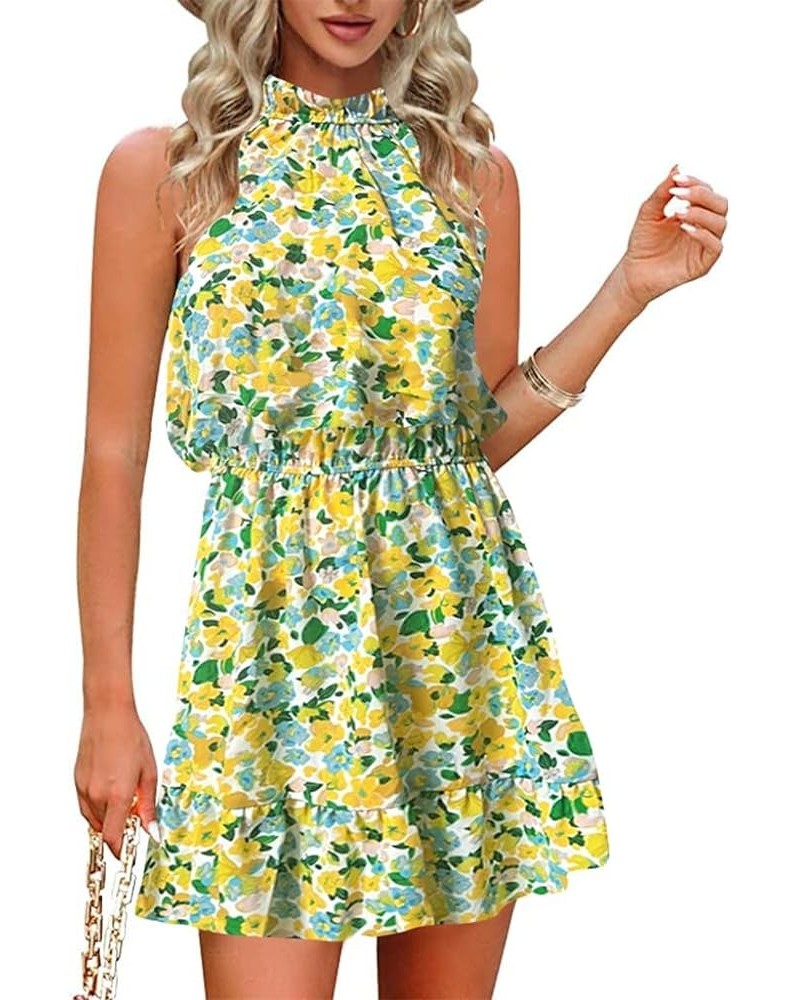 Summer Dress for Women Casual Floral Sun Dress Sleeveless Halter Neck Dress Swing Pleated Party Beach Dresses Chartreuse $18....