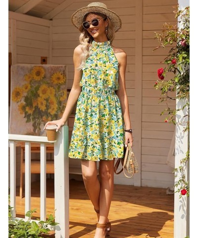 Summer Dress for Women Casual Floral Sun Dress Sleeveless Halter Neck Dress Swing Pleated Party Beach Dresses Chartreuse $18....