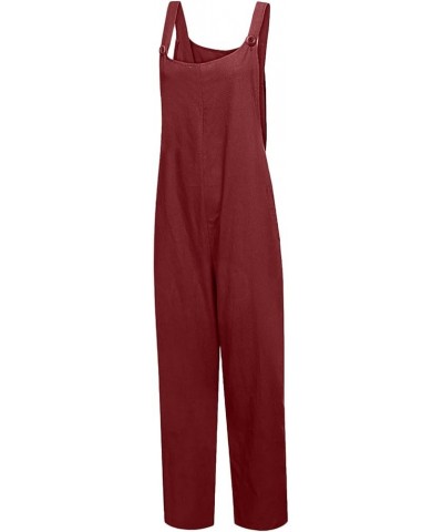 Women Adjustable Straps Jumpsuits Casual Loose Cotton Line Bib Overalls Wide Leg Plus Size Baggy Romper with Pockets Wine $8....