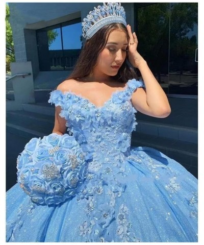 Gorgeous 3D Floral Quinceanera Dresses Puffy Tulle Ball Gowns for Women Off Shoulder Long Prom Dress FFtu09 Sky Blue $55.68 D...