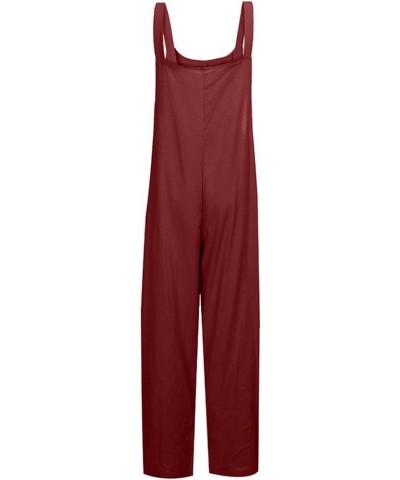 Women Adjustable Straps Jumpsuits Casual Loose Cotton Line Bib Overalls Wide Leg Plus Size Baggy Romper with Pockets Wine $8....