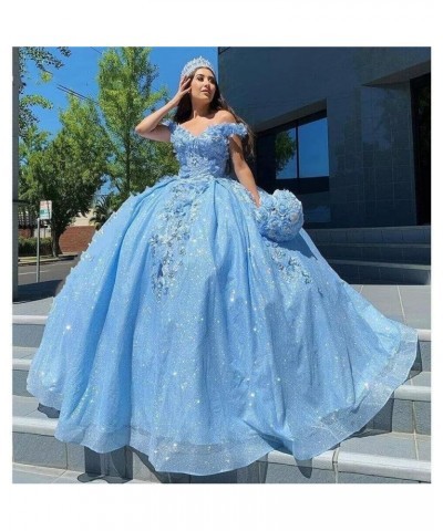 Gorgeous 3D Floral Quinceanera Dresses Puffy Tulle Ball Gowns for Women Off Shoulder Long Prom Dress FFtu09 Sky Blue $55.68 D...