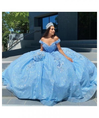 Gorgeous 3D Floral Quinceanera Dresses Puffy Tulle Ball Gowns for Women Off Shoulder Long Prom Dress FFtu09 Sky Blue $55.68 D...