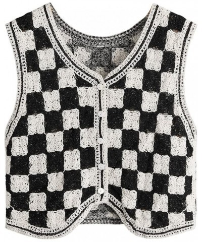 Women's Button Front V Neck Sleeveless Checkered Knit Sweater Vest Black and White $18.80 Sweaters