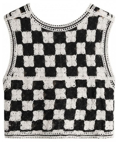 Women's Button Front V Neck Sleeveless Checkered Knit Sweater Vest Black and White $18.80 Sweaters