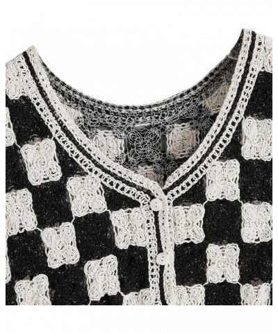 Women's Button Front V Neck Sleeveless Checkered Knit Sweater Vest Black and White $18.80 Sweaters