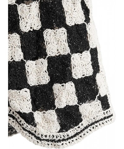 Women's Button Front V Neck Sleeveless Checkered Knit Sweater Vest Black and White $18.80 Sweaters