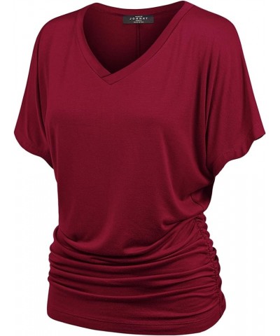 Women's Solid Short Sleeve Boat Neck V Neck Dolman Top with Side Shirring-Made in U.S.A. Wt1037_wine $10.97 T-Shirts